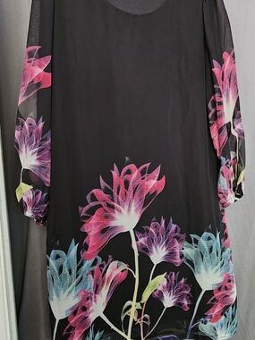Black Long-Sleeve Floral Shift Dress with Pink & Blue Bloom Print